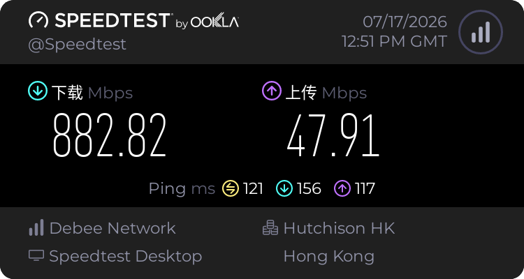 Flybit另一个香港节点2026年7月17日晚间Speedtest测速结果