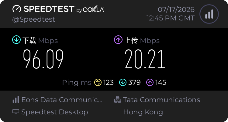Flybit香港节点2026年7月17日晚间Speedtest测速结果