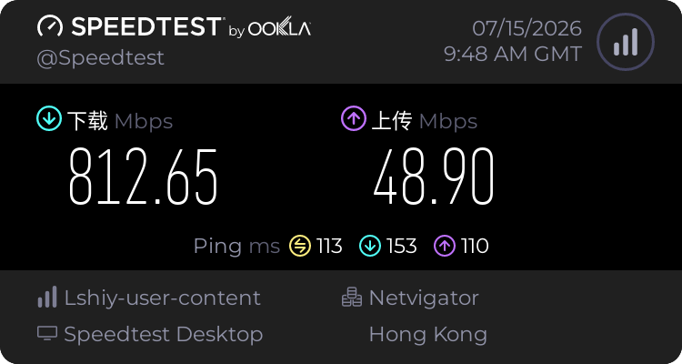 全球云香港节点2026年7月15日下班前Speedtest测速结果